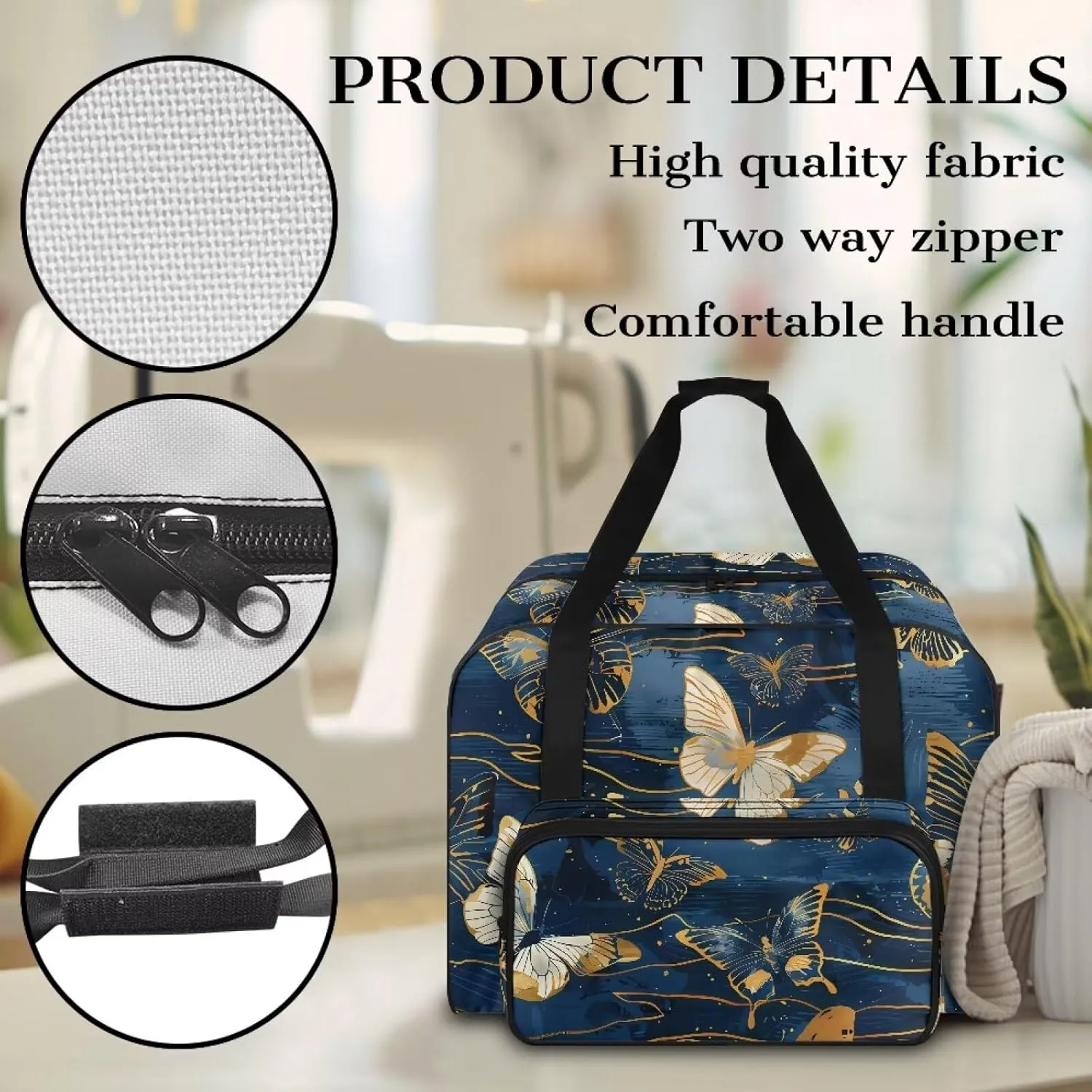 Blue and Golden Butterfly Sewing Machine Carrying Case Padded Storage Cover Carrying Case with Pockets, Suitable for Most Standard Singer, Brother