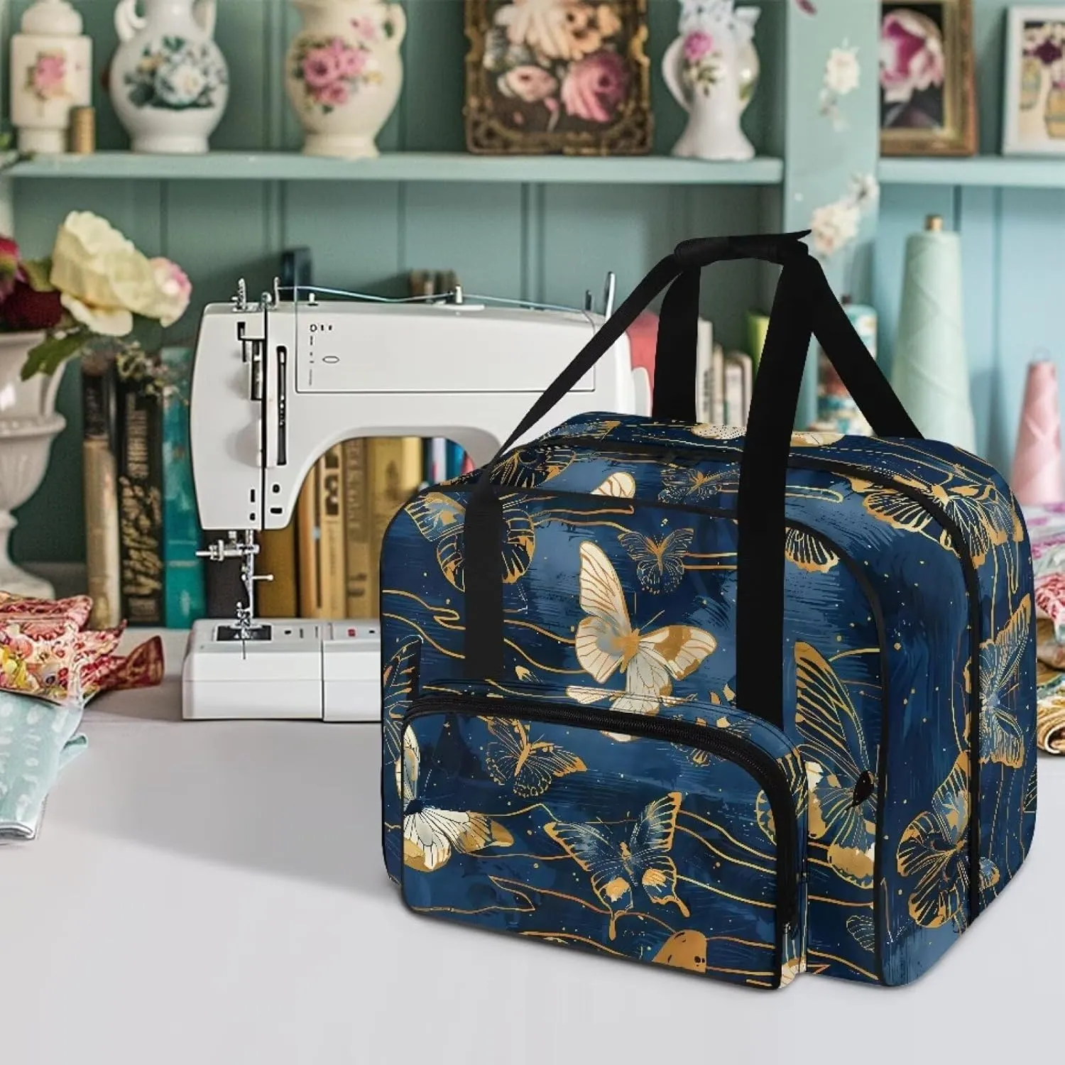 Blue and Golden Butterfly Sewing Machine Carrying Case Padded Storage Cover Carrying Case with Pockets, Suitable for Most Standard Singer, Brother