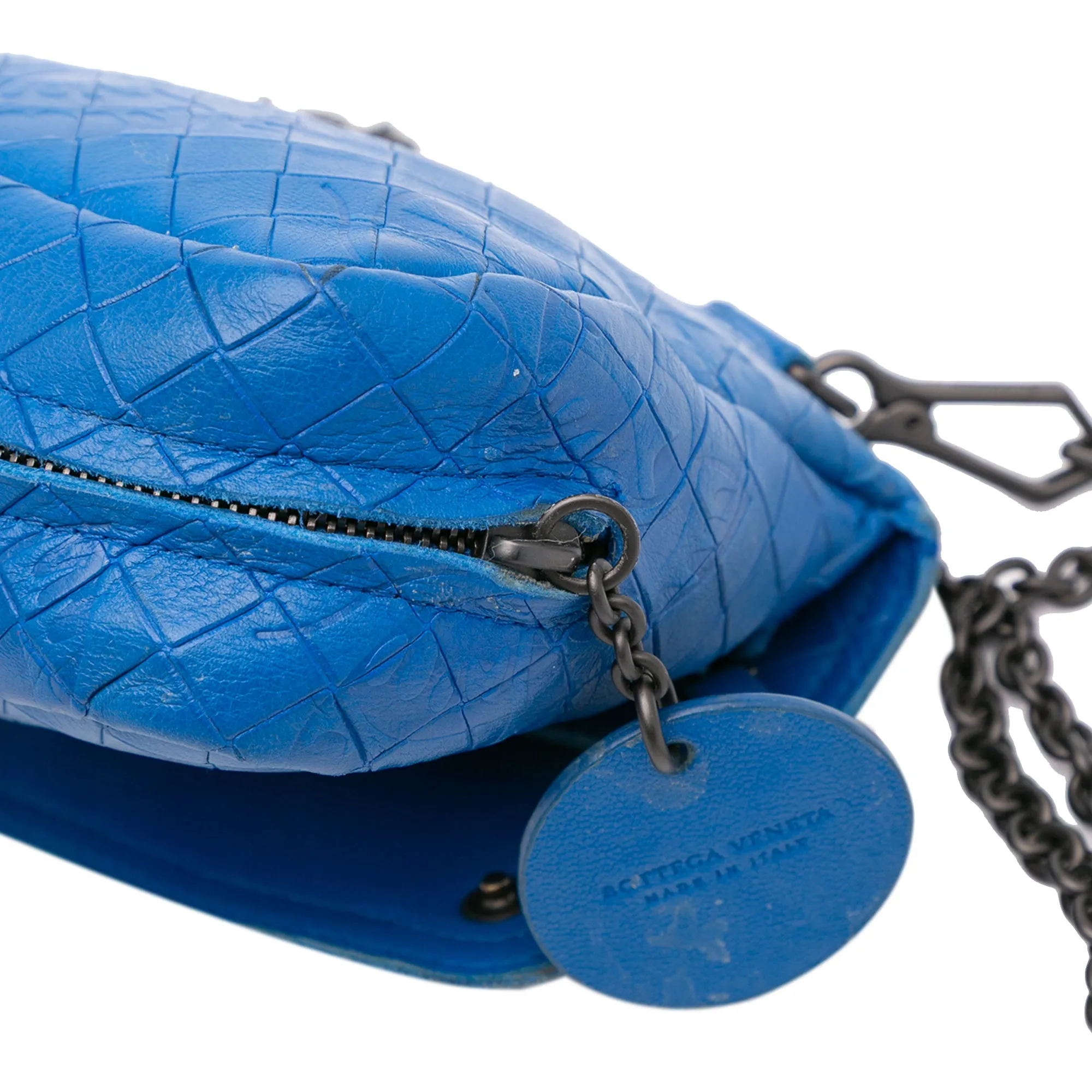Blue Bottega Veneta Small Calfskin Intrecciomirage Embossed Butterfly Chain Crossbody