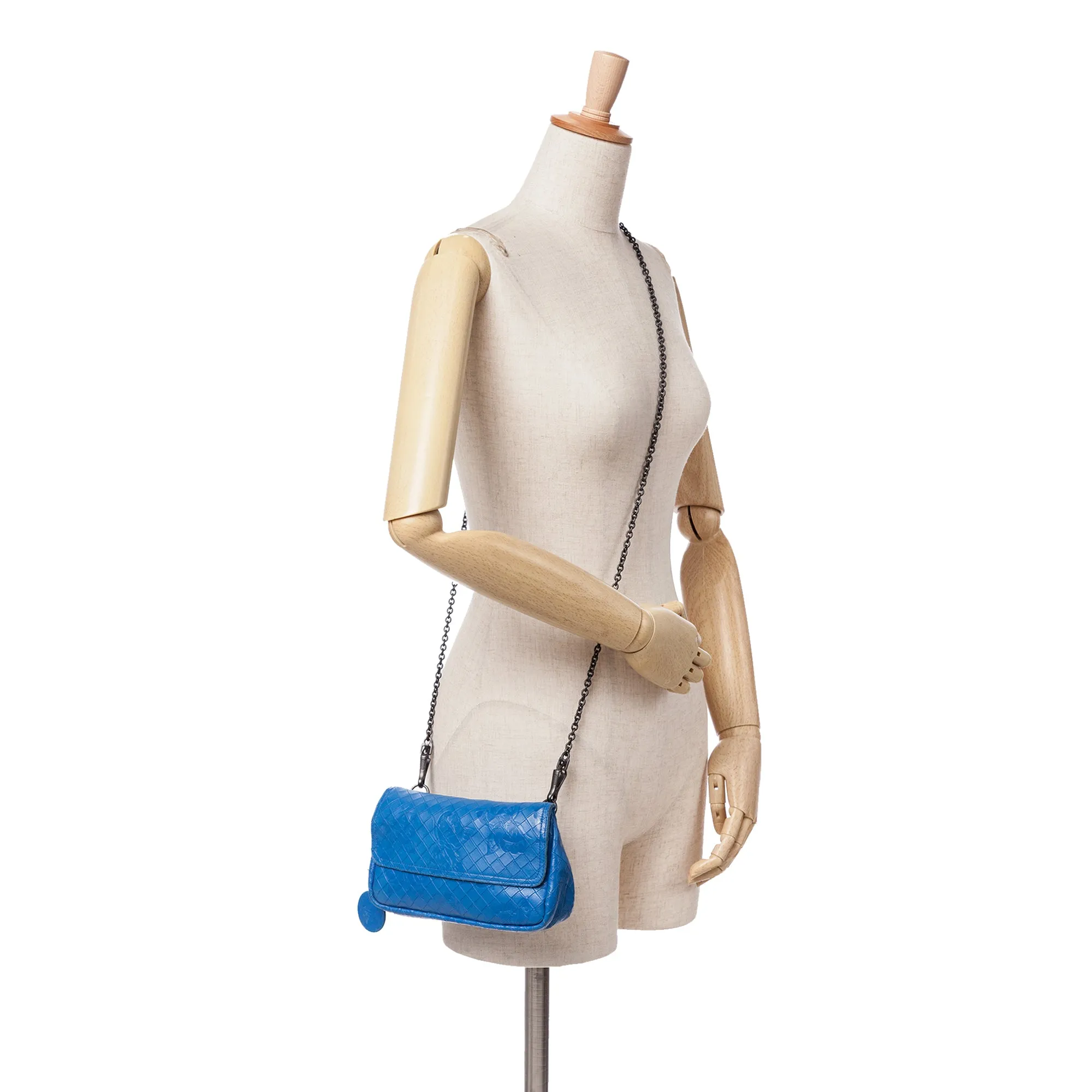 Blue Bottega Veneta Small Calfskin Intrecciomirage Embossed Butterfly Chain Crossbody