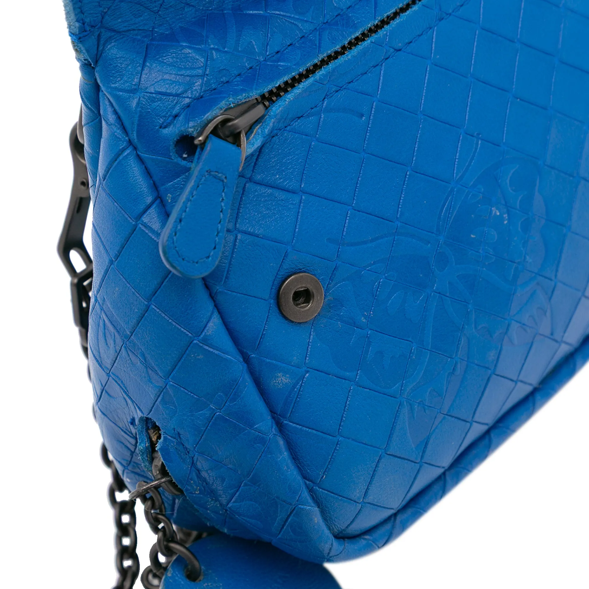 Blue Bottega Veneta Small Calfskin Intrecciomirage Embossed Butterfly Chain Crossbody