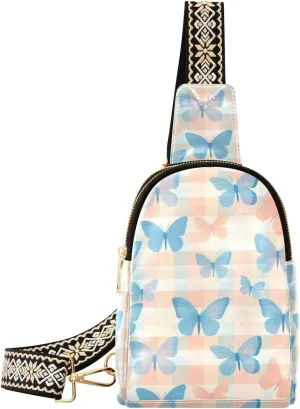 Blue Butterfly Check Compact Fashion Daypack Full-Print PU Leather Crossbody Bag with Card Pocket & Adjustable Strap for Women on the Go Festivals Travel & Hikes
