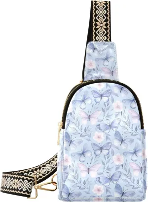 Blue Butterfly Mini Crossbody Bag with Full-Print PU Leather Fashion Waist Pack with Adjustable Strap & Card Holder Great for Hiking Fishing Beach Travel & More