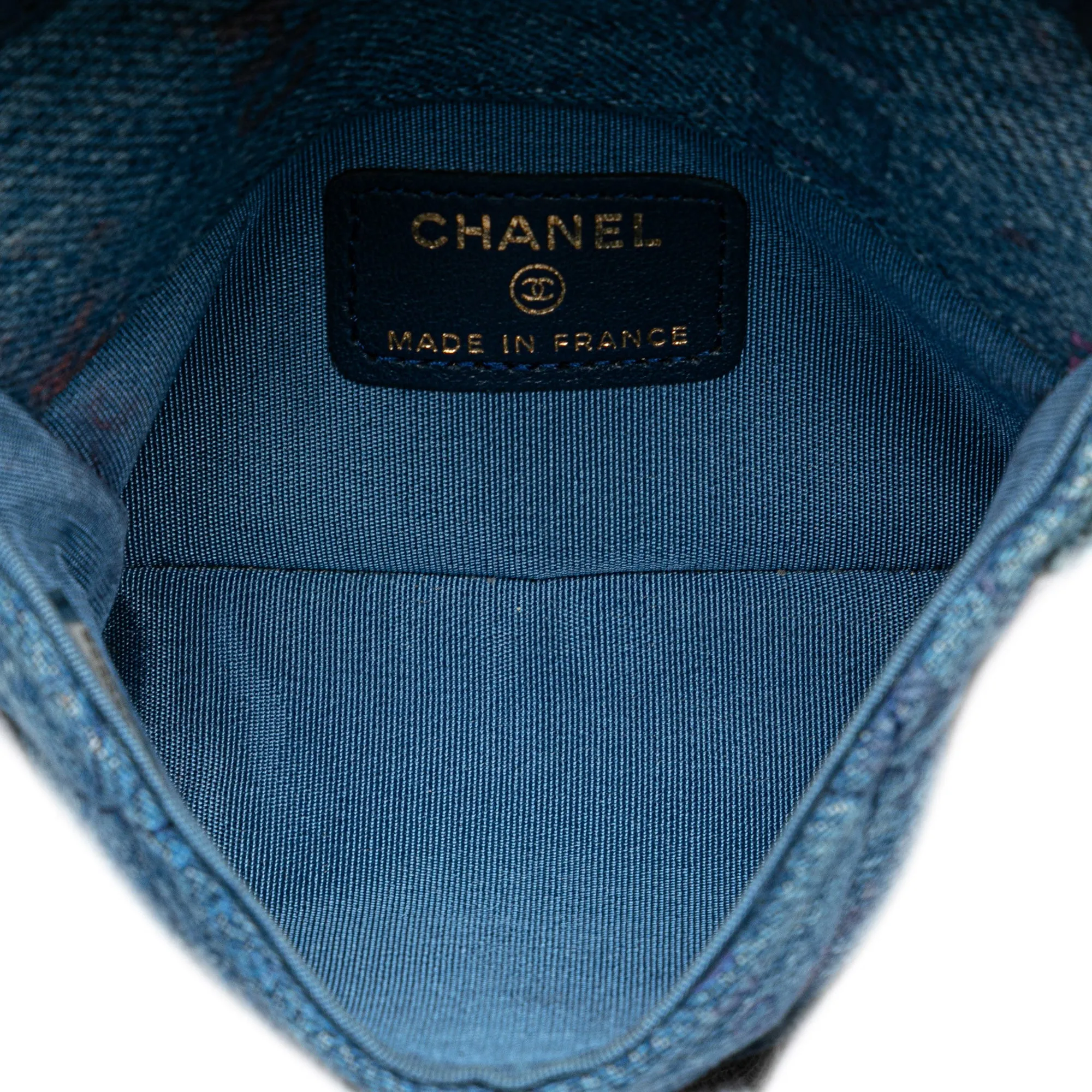 Blue Chanel Mini Denim Mood Clutch with Chain Crossbody Bag