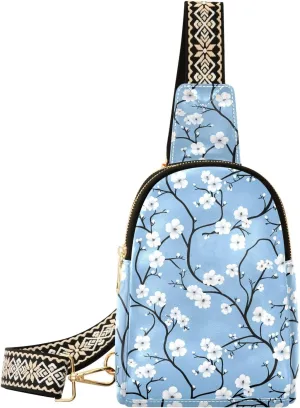 Blue Flower Mini Crossbody Bag with Full-Print PU Leather Fashion Waist Pack with Adjustable Strap & Card Holder Great for Hiking Fishing Beach Travel & More
