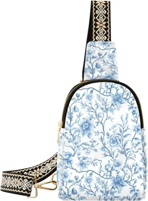 Blue White Flower Compact Fashion Daypack Full-Print PU Leather Crossbody Bag with Card Pocket & Adjustable Strap for Women on the Go Festivals Travel & Hikes