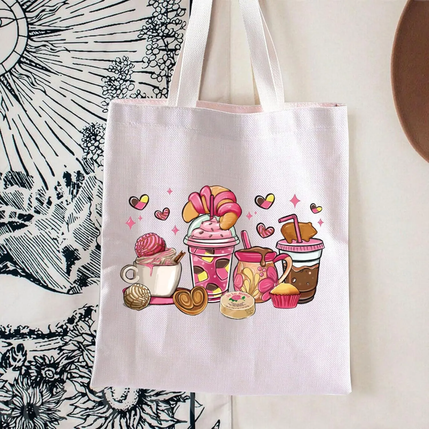 BLUPARK Mexican Pan Dulce Coffee Cups Tote Bag Mexican Dessert Tote Mexico Gift Mexican Drink Handle Bag Mexican Women Bag
