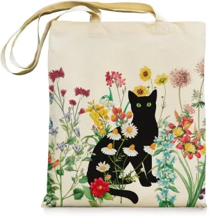 bmuvghi Black Cat Canvas Tote Bag with Zipper Pockets Vintage Flowers Cute Tote Bag Aesthetic Reusable Shopping Grocery Bags Birthday Gifts for Women