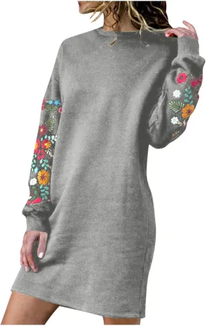 Boho Dresses for Women 2024 Long Sleeve Crewneck Aztec Ethnic Western Dress Causal Dressy Ethnic Print Mini Dresses