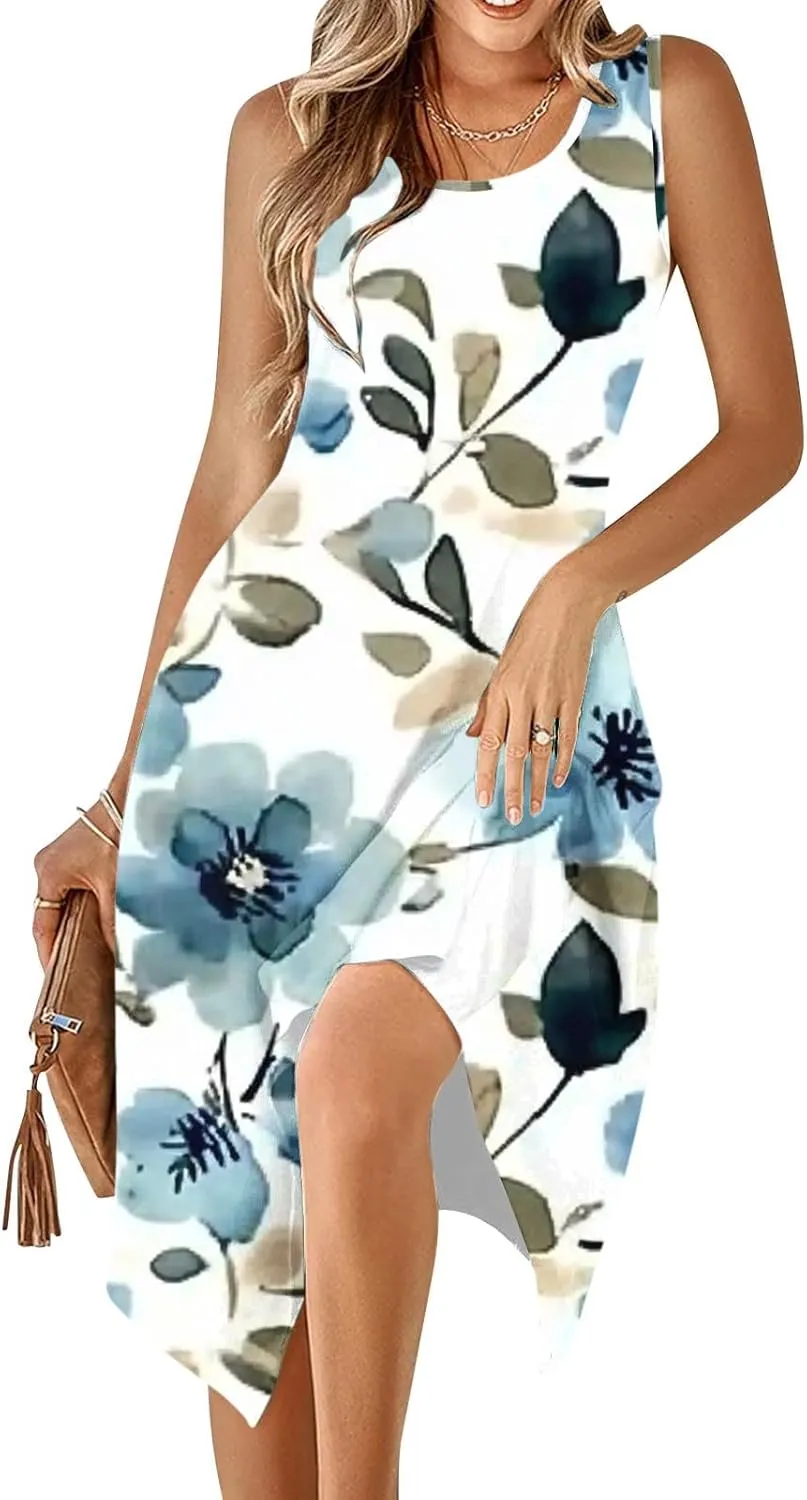 Boho Dresses for Women 2025 Summer Floral Print Flowy Sundress Casual Sleeveless Swing Beach Midi Tank Dress