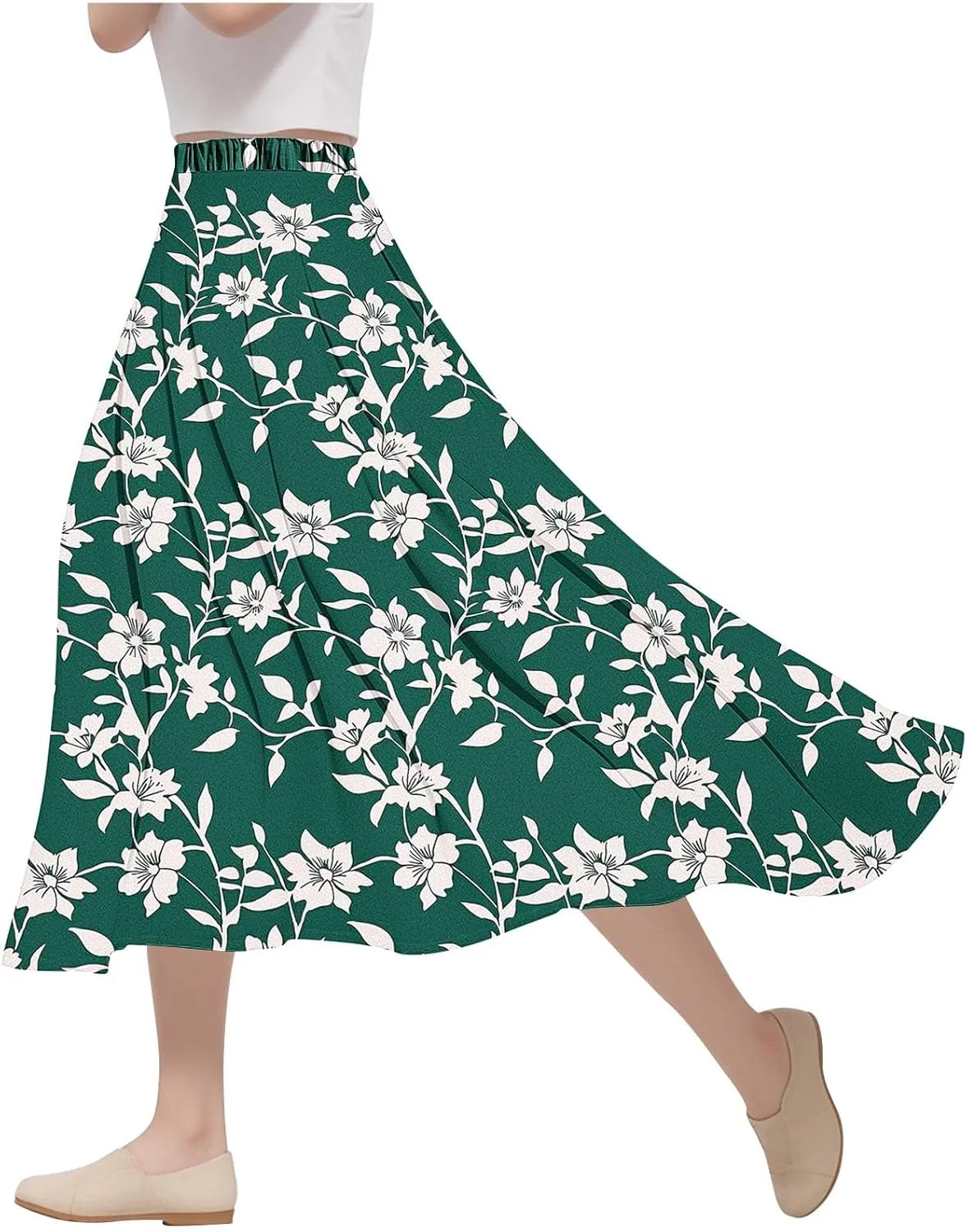 Boho Floral Maxi Skirts for Women Summer Beach Vacation A-Line Pleated Long Skirts Elastic High Waisted Flowy Skirt