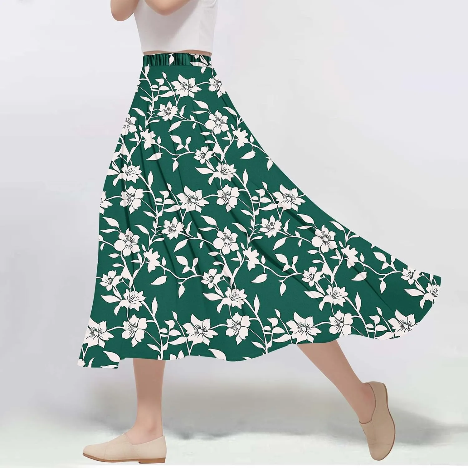 Boho Floral Maxi Skirts for Women Summer Beach Vacation A-Line Pleated Long Skirts Elastic High Waisted Flowy Skirt