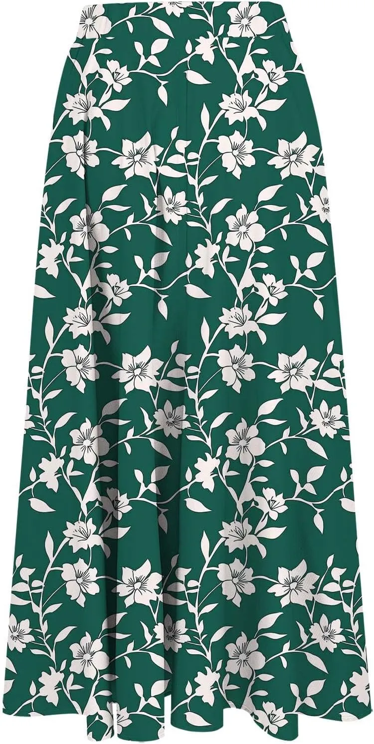 Boho Floral Maxi Skirts for Women Summer Beach Vacation A-Line Pleated Long Skirts Elastic High Waisted Flowy Skirt