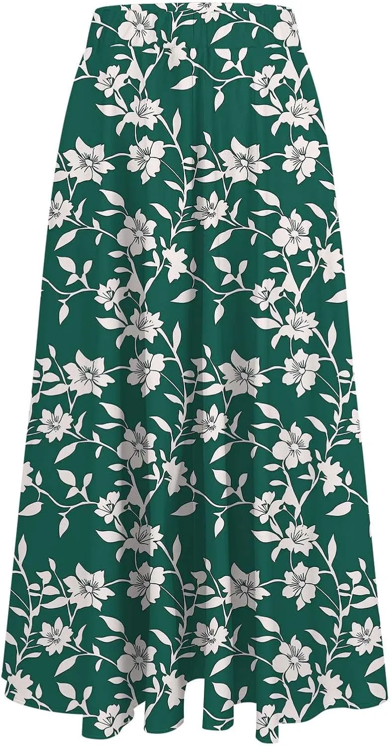 Boho Floral Maxi Skirts for Women Summer Beach Vacation A-Line Pleated Long Skirts Elastic High Waisted Flowy Skirt