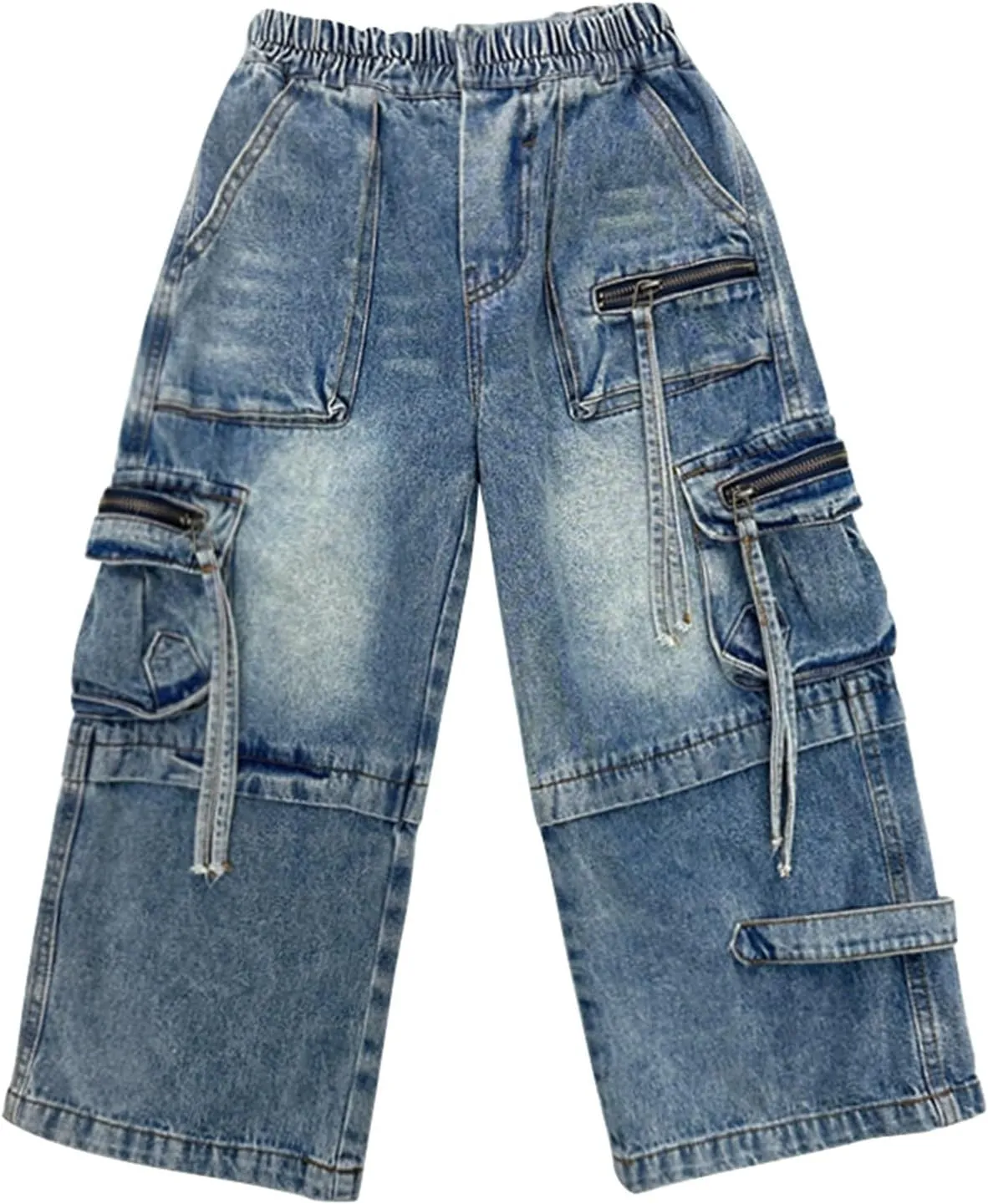 Boys Baggy Fashion Cargo Jeans Elastic Waist Active Denim Pants for Childrens Distressed Wash Cowboy Sweatpants