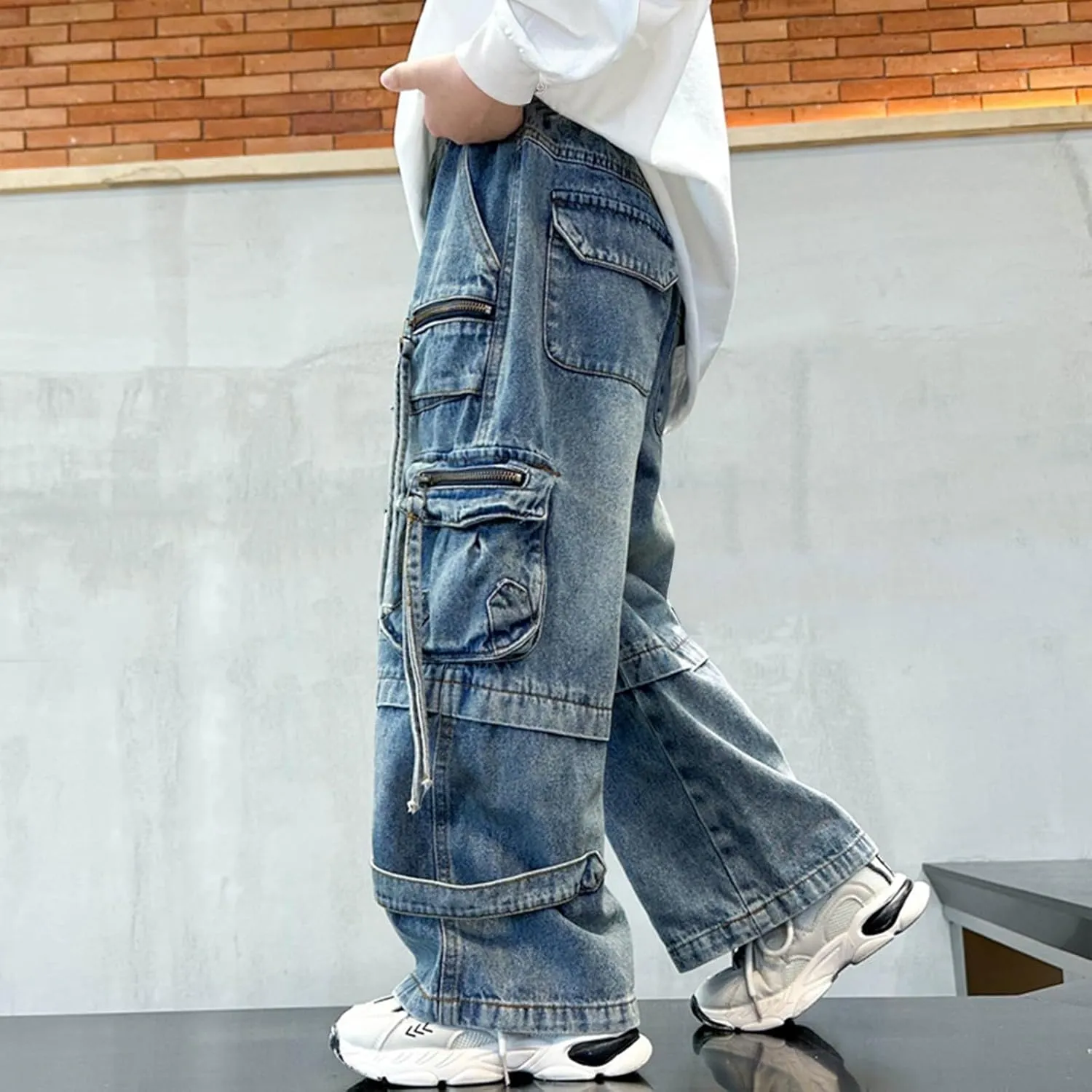 Boys Baggy Fashion Cargo Jeans Elastic Waist Active Denim Pants for Childrens Distressed Wash Cowboy Sweatpants