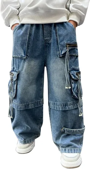 Boys Baggy Fashion Cargo Jeans Elastic Waist Active Denim Pants for Childrens Distressed Wash Cowboy Sweatpants