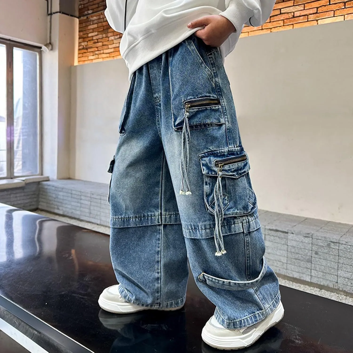 Boys Baggy Fashion Cargo Jeans Elastic Waist Active Denim Pants for Childrens Distressed Wash Cowboy Sweatpants