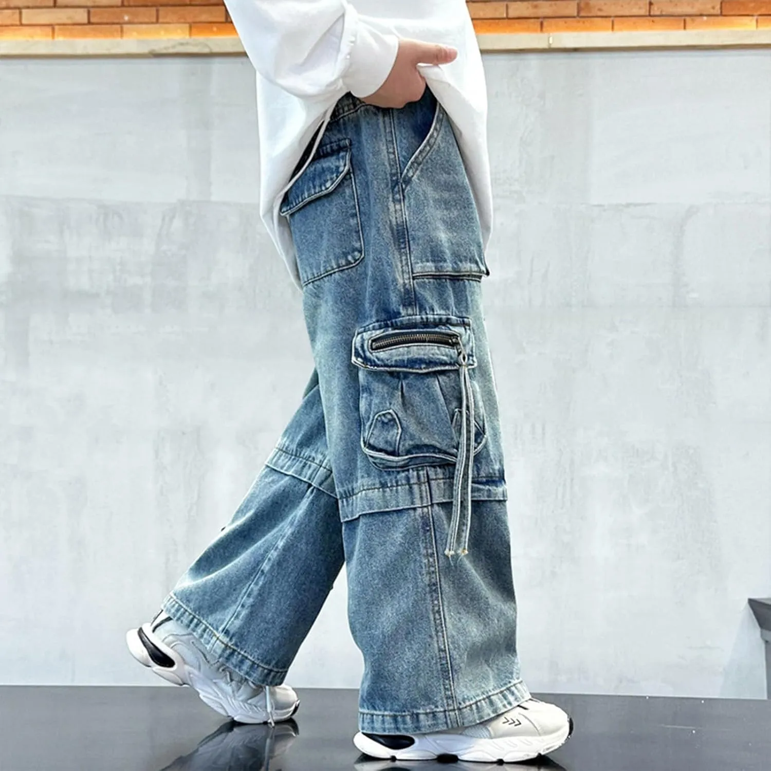 Boys Baggy Fashion Cargo Jeans Elastic Waist Active Denim Pants for Childrens Distressed Wash Cowboy Sweatpants