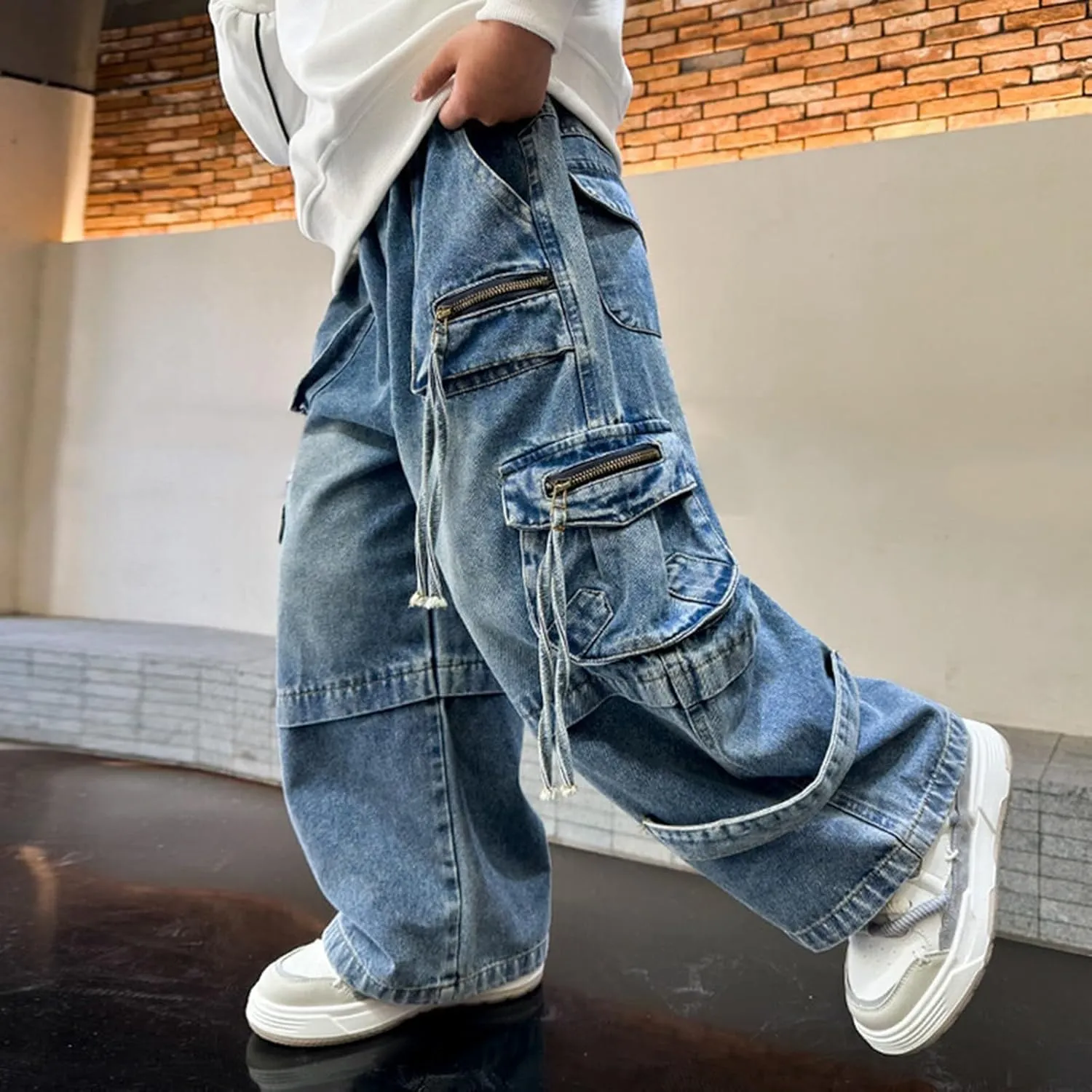 Boys Baggy Fashion Cargo Jeans Elastic Waist Active Denim Pants for Childrens Distressed Wash Cowboy Sweatpants