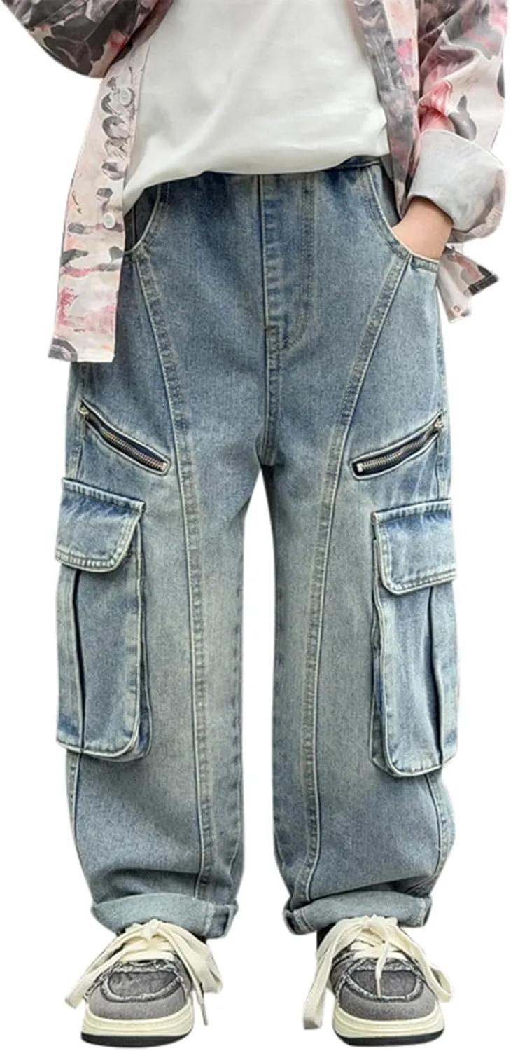 Boys Trendy Distressed Cargo Jeans with Pockets Causal Baggy Elastic Waist Cowboy Sweatpants Active Denim Pants