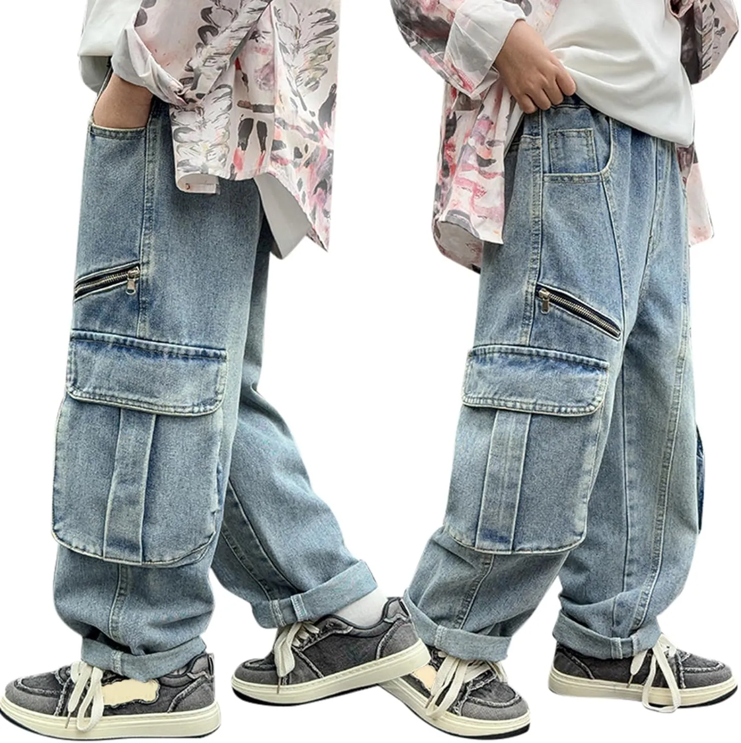 Boys Trendy Distressed Cargo Jeans with Pockets Causal Baggy Elastic Waist Cowboy Sweatpants Active Denim Pants