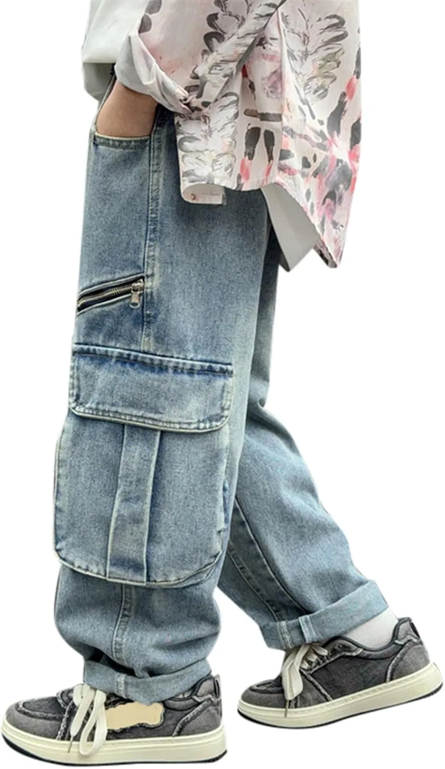 Boys Trendy Distressed Cargo Jeans with Pockets Causal Baggy Elastic Waist Cowboy Sweatpants Active Denim Pants