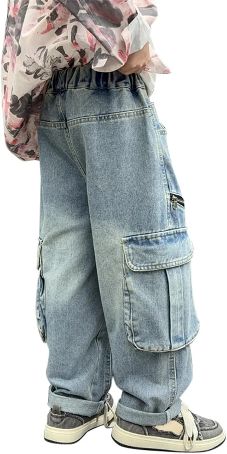 Boys Trendy Distressed Cargo Jeans with Pockets Causal Baggy Elastic Waist Cowboy Sweatpants Active Denim Pants