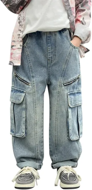 Boys Trendy Distressed Cargo Jeans with Pockets Causal Baggy Elastic Waist Cowboy Sweatpants Active Denim Pants