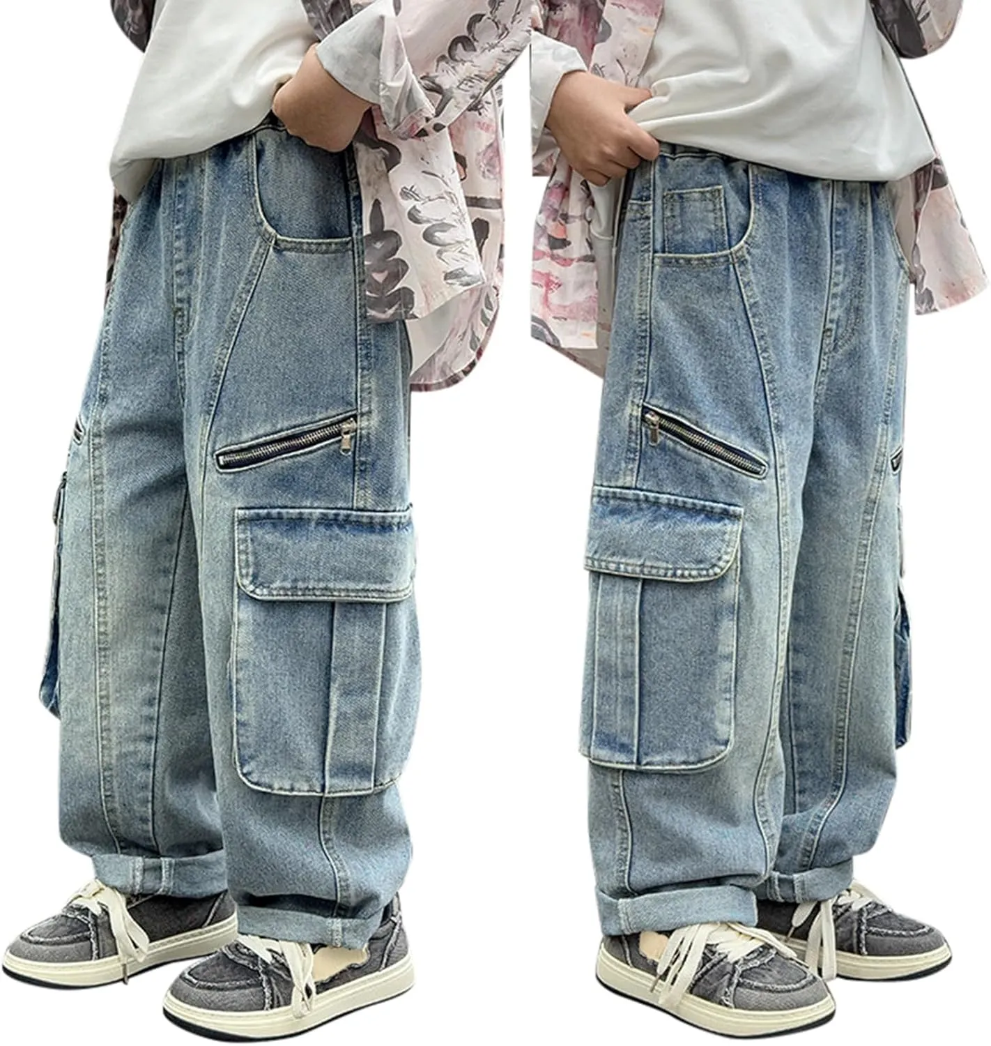 Boys Trendy Distressed Cargo Jeans with Pockets Causal Baggy Elastic Waist Cowboy Sweatpants Active Denim Pants
