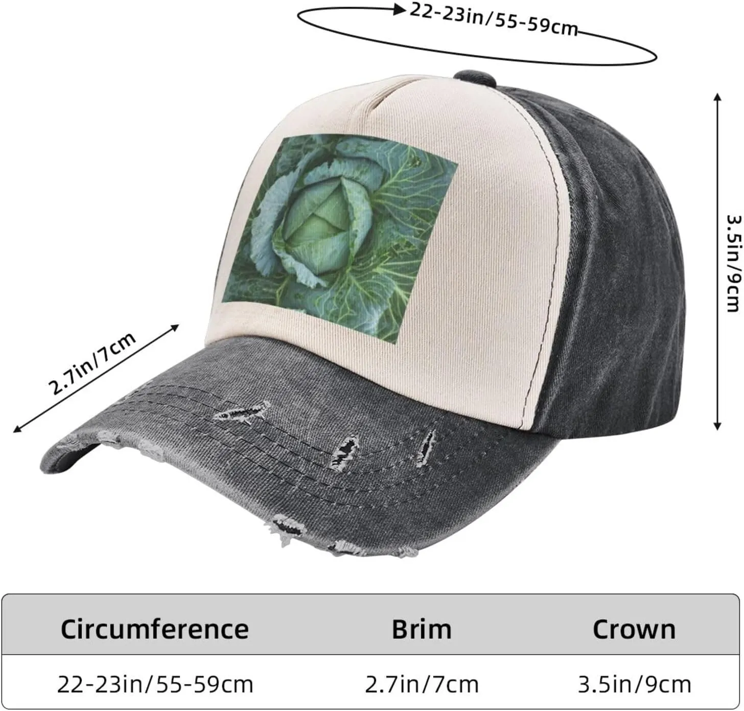 Bright Cabbage Print Golf Cap Washed Distressed Baseball Cap Adjustable Hat with Classic Suitable Hat