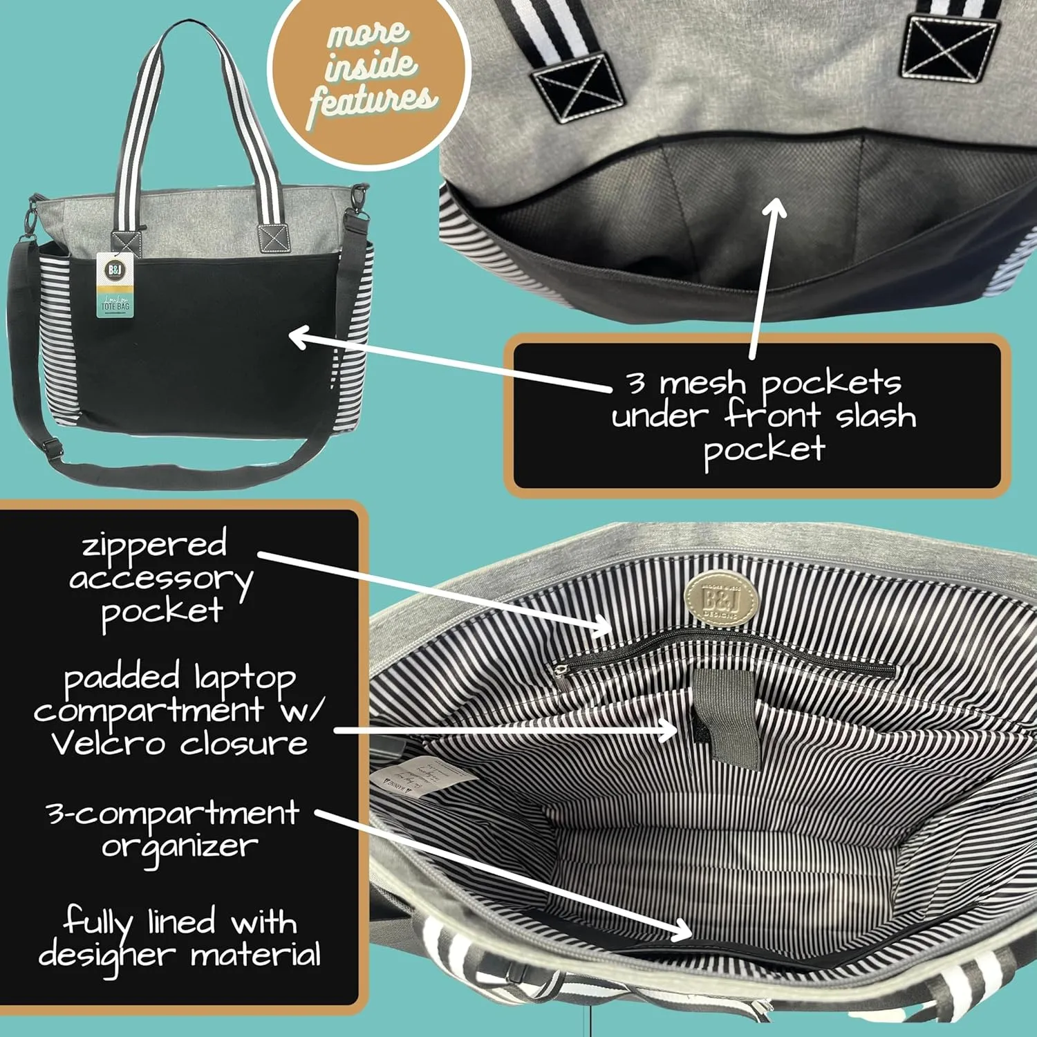Brooke & Jess Designs Mom Bags for Everyday - Bags for Women with Zipper, Large Stylish Travel Bag, Work Bag
