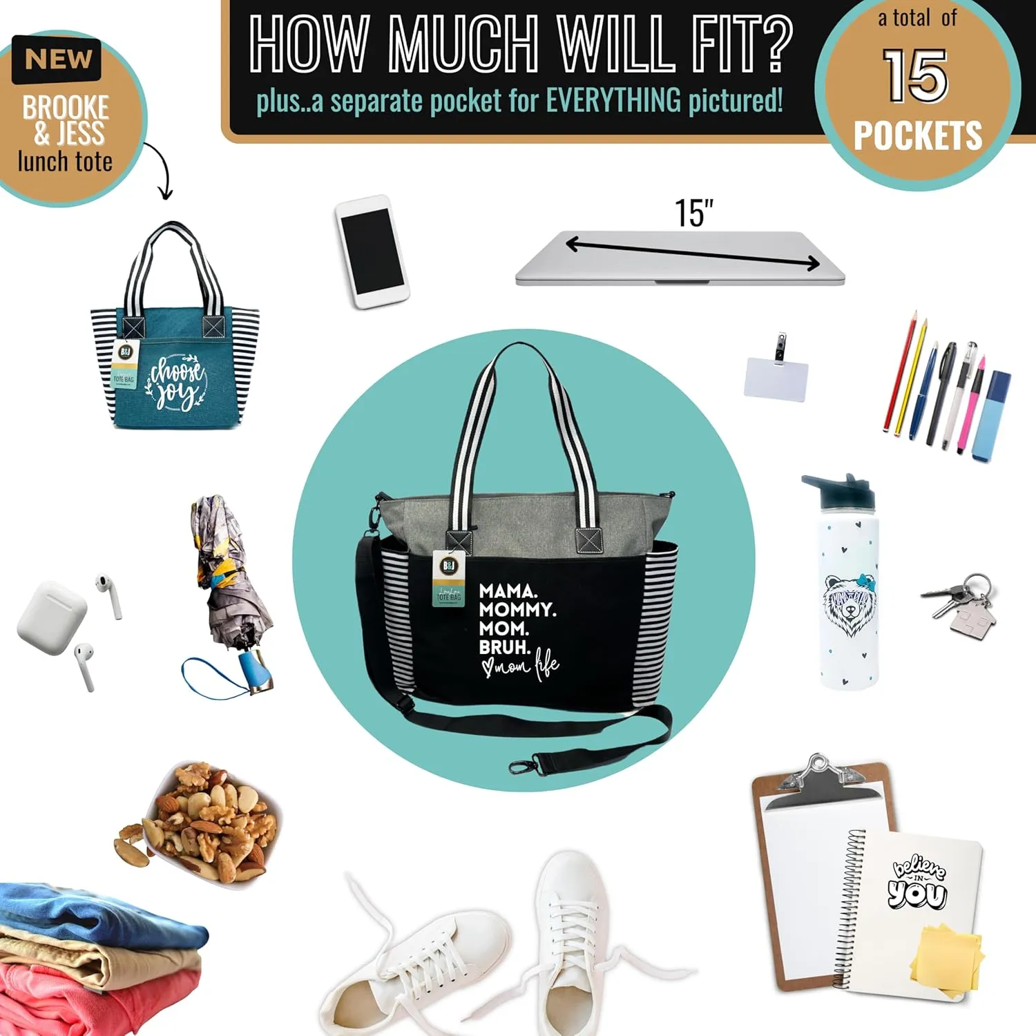 Brooke & Jess Designs Mom Bags for Everyday - Bags for Women with Zipper, Large Stylish Travel Bag, Work Bag