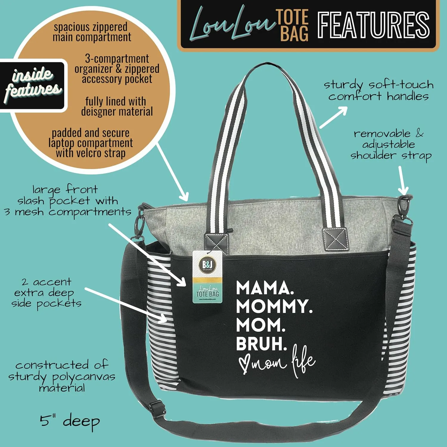 Brooke & Jess Designs Mom Bags for Everyday - Bags for Women with Zipper, Large Stylish Travel Bag, Work Bag