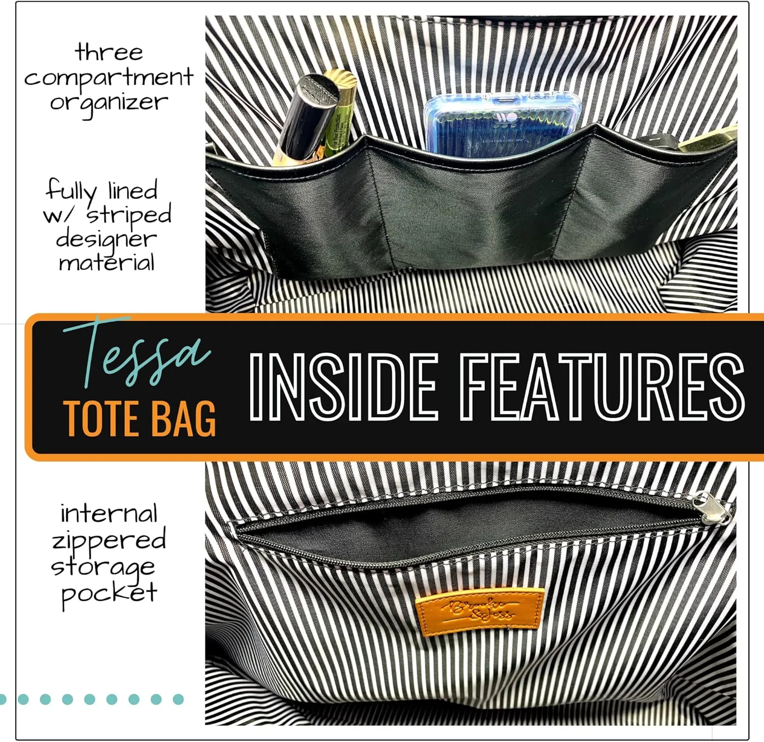 Brooke & Jess Designs Sports Mom Large Zippered Tote Bag with Pockets for Women