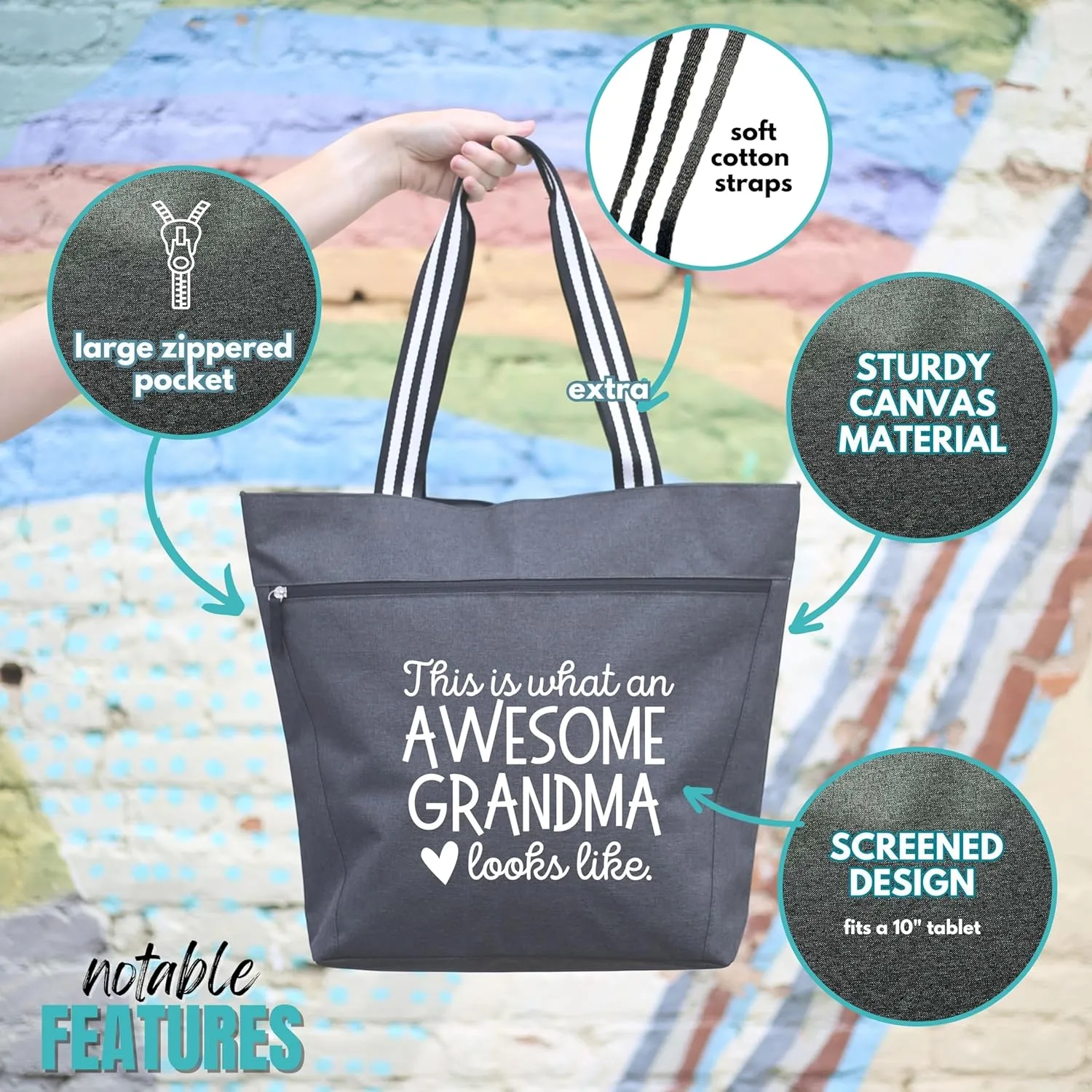 Brooke & Jess Designs Tote Bag for Grandma – Sturdy Canvas Grandma Tote w/Zipper & Inner Pocket Grandma Bag for Everyday Use