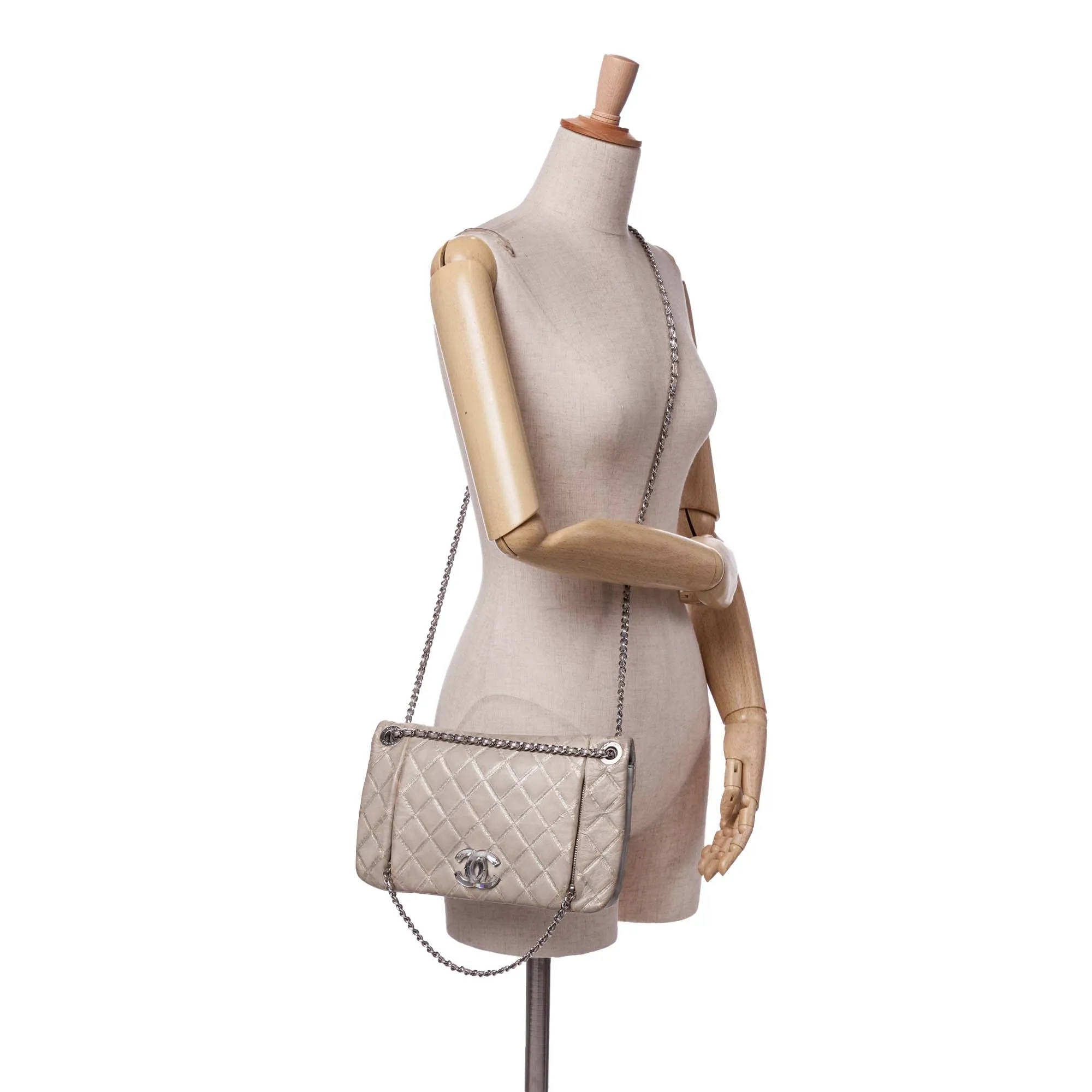 Brown Chanel Quilted Metallic Distressed Lambskin CC Crystal Flap Crossbody Bag