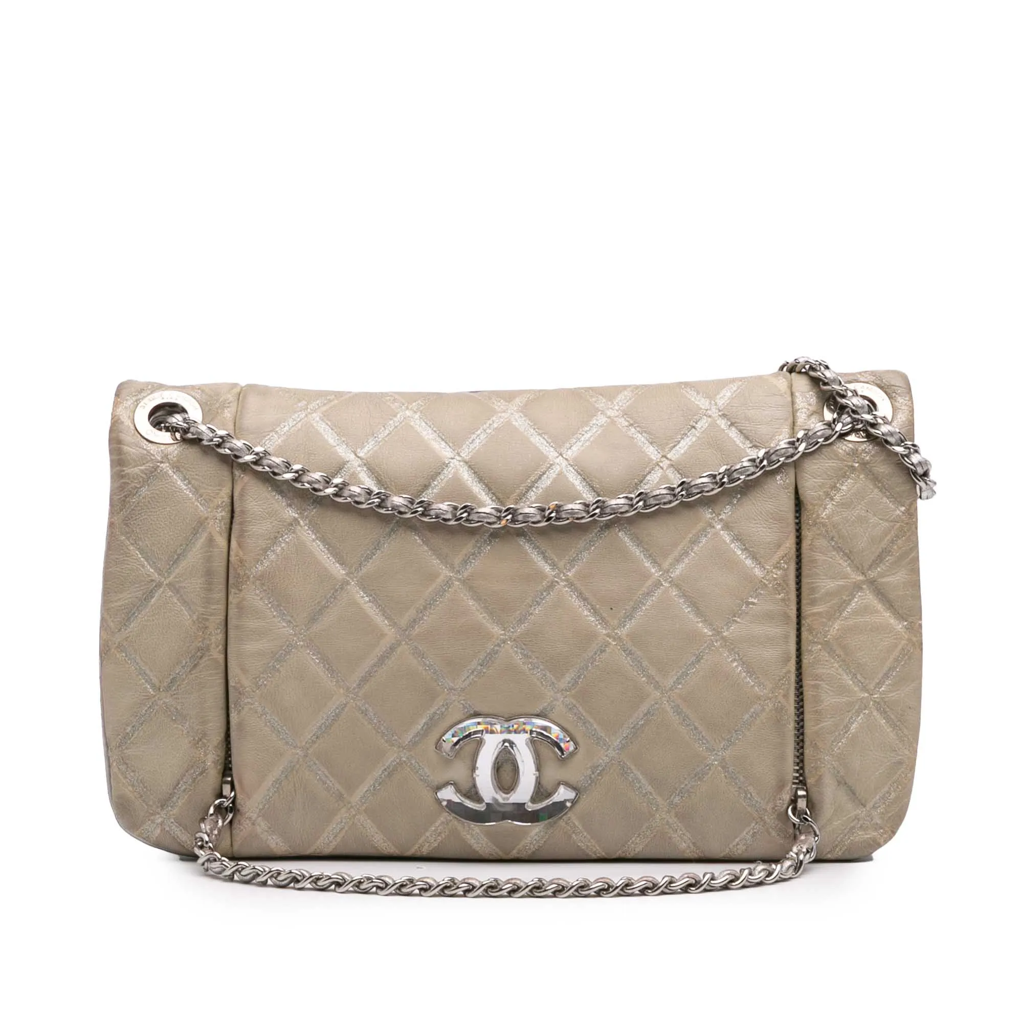 Brown Chanel Quilted Metallic Distressed Lambskin CC Crystal Flap Crossbody Bag