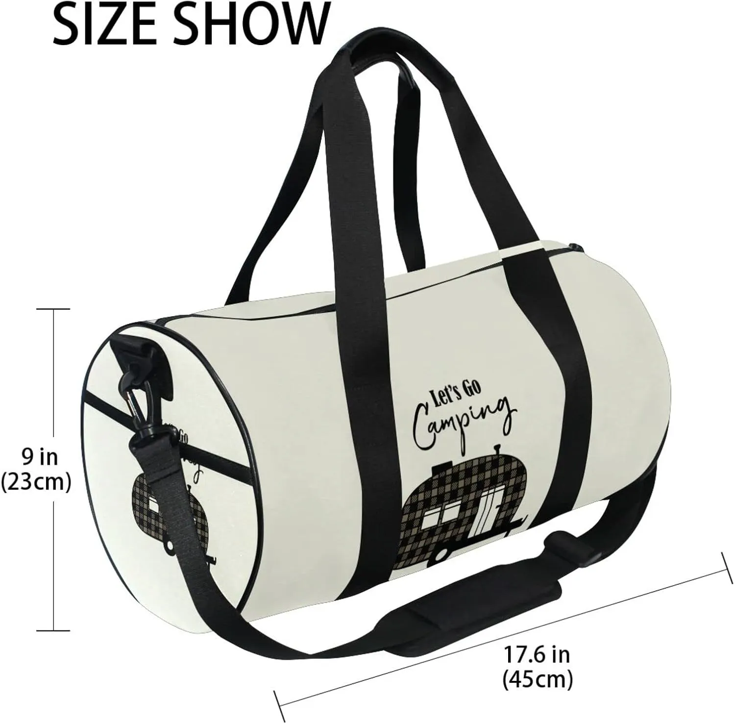 Brown Checker Plaid Grid Camper Car Silhouette Let's Go Camping Beige Duffel Bag, Foldable Canvas Travel Tote for Gym Sports with Inner Pockets, Durable Lightweight Fitness Bag for Overnight Workout