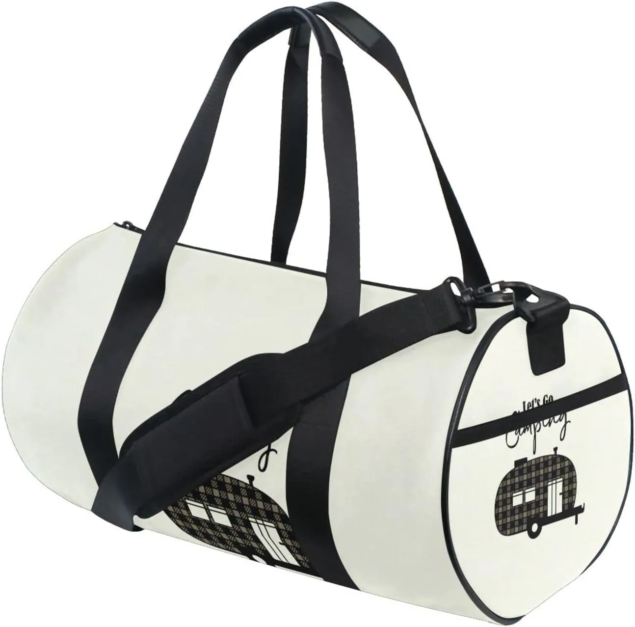 Brown Checker Plaid Grid Camper Car Silhouette Let's Go Camping Beige Duffel Bag, Foldable Canvas Travel Tote for Gym Sports with Inner Pockets, Durable Lightweight Fitness Bag for Overnight Workout