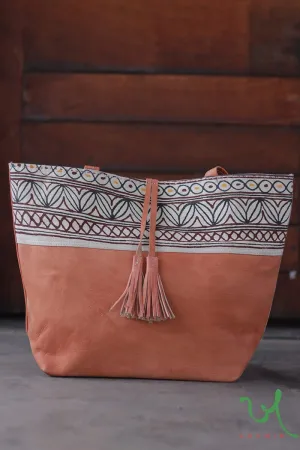 Brown Desi Leather Tote Bag with Rogan art designs