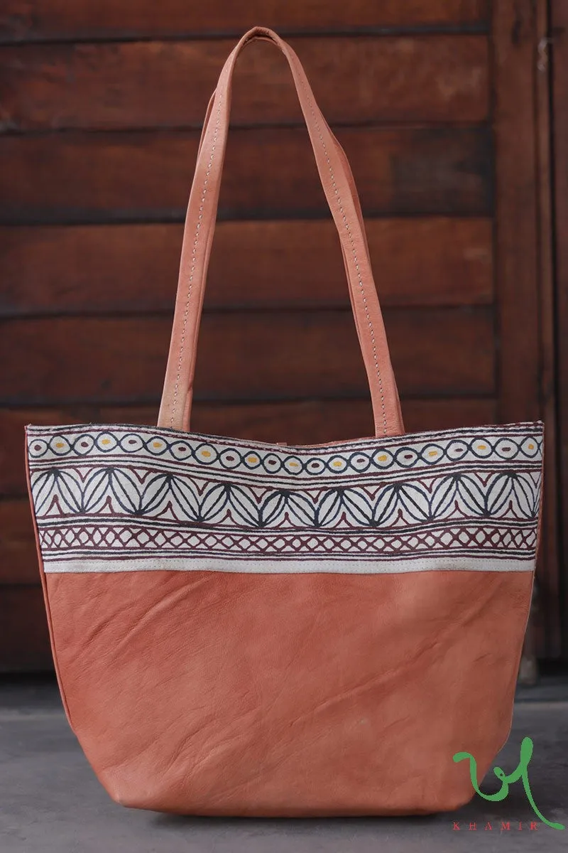 Brown Desi Leather Tote Bag with Rogan art designs