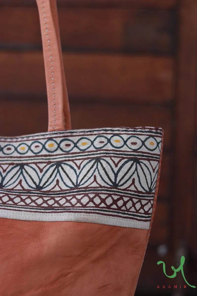 Brown Desi Leather Tote Bag with Rogan art designs