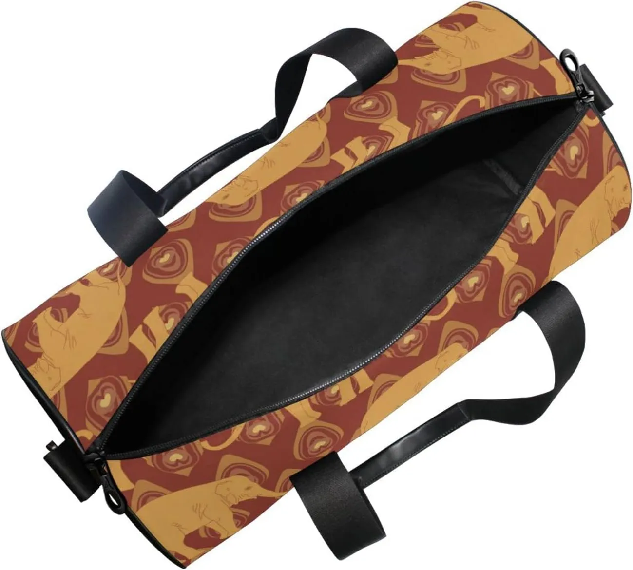Brown Ochre Monochrome Tribal Indian Elephant Peacock Feather Duffel Bag, Foldable Canvas Travel Tote for Gym Sports with Inner Pockets, Durable Lightweight Fitness Bag for Overnight Workout