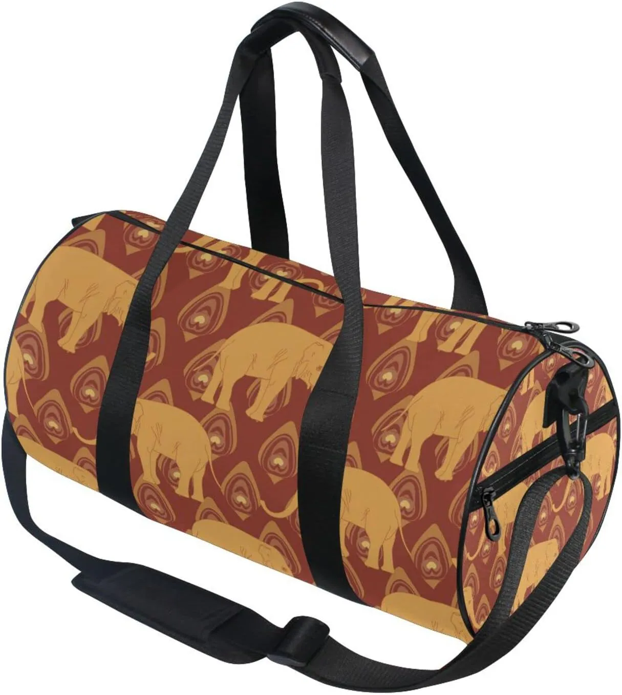 Brown Ochre Monochrome Tribal Indian Elephant Peacock Feather Duffel Bag, Foldable Canvas Travel Tote for Gym Sports with Inner Pockets, Durable Lightweight Fitness Bag for Overnight Workout