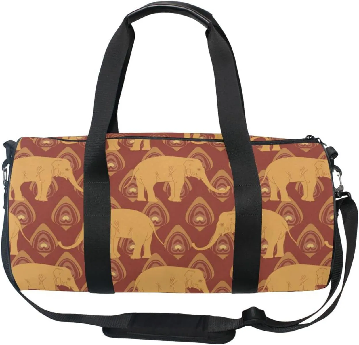 Brown Ochre Monochrome Tribal Indian Elephant Peacock Feather Duffel Bag, Foldable Canvas Travel Tote for Gym Sports with Inner Pockets, Durable Lightweight Fitness Bag for Overnight Workout