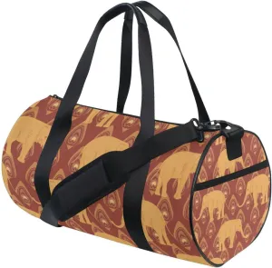 Brown Ochre Monochrome Tribal Indian Elephant Peacock Feather Duffel Bag, Foldable Canvas Travel Tote for Gym Sports with Inner Pockets, Durable Lightweight Fitness Bag for Overnight Workout