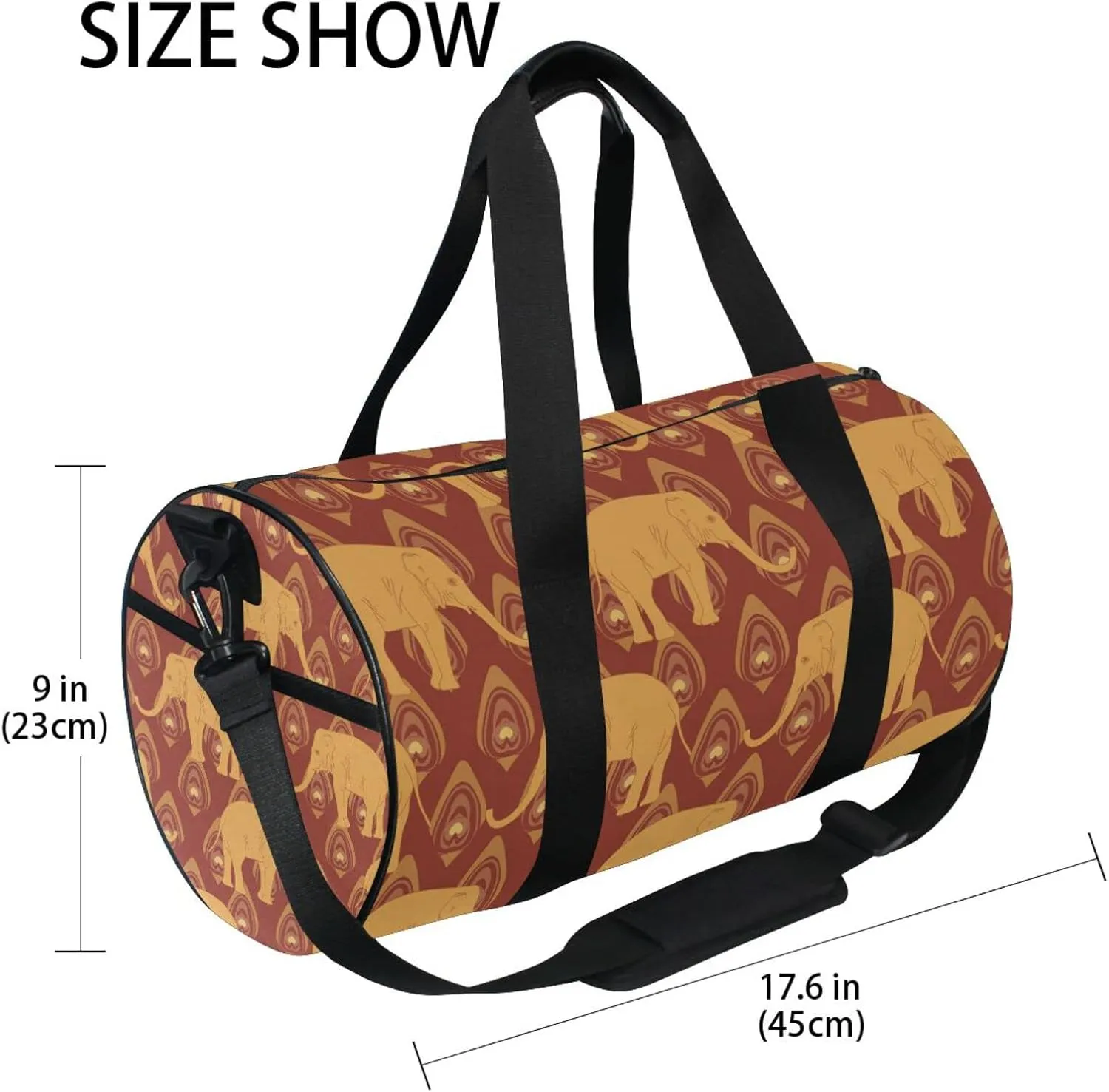 Brown Ochre Monochrome Tribal Indian Elephant Peacock Feather Duffel Bag, Foldable Canvas Travel Tote for Gym Sports with Inner Pockets, Durable Lightweight Fitness Bag for Overnight Workout