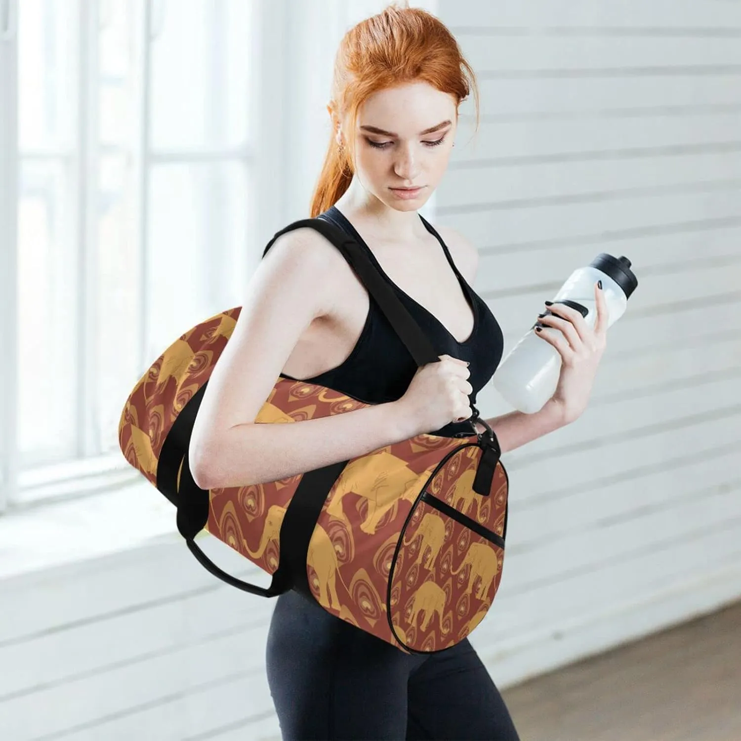 Brown Ochre Monochrome Tribal Indian Elephant Peacock Feather Duffel Bag, Foldable Canvas Travel Tote for Gym Sports with Inner Pockets, Durable Lightweight Fitness Bag for Overnight Workout