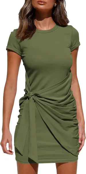 BTFBM Women 2025 Spring Casual Short Sleeve Ruched Bodycon Tank T Shirt Dress Tie Waist Sun Beach Summer Mini Dresses